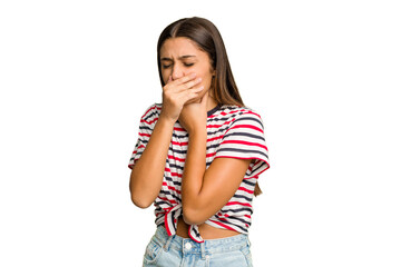 Young Indian woman isolated cutout removal background suffers pain in throat due a virus or...