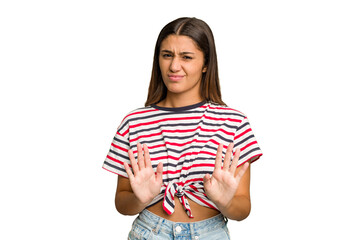 Young Indian woman isolated cutout removal background rejecting someone showing a gesture of disgust.