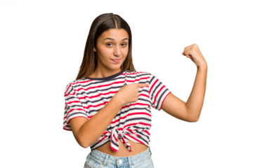 Young Indian woman isolated cutout removal background showing strength gesture with arms, symbol of feminine power