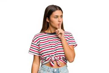 Young Indian woman isolated cutout removal background keeping a secret or asking for silence.