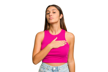 Young Indian woman isolated cutout removal background taking an oath, putting hand on chest.