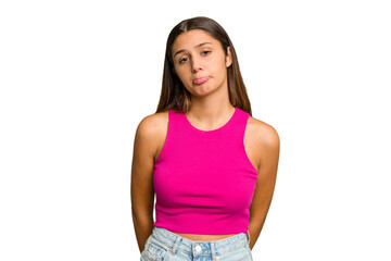 Fototapeta premium Young Indian woman isolated cutout removal background sad, serious face, feeling miserable and displeased.