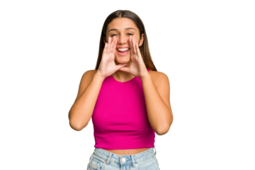 Young Indian woman isolated cutout removal background saying a gossip, pointing to side reporting something.