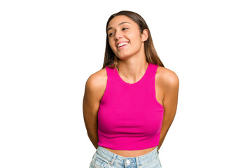 Young Indian woman isolated cutout removal background laughs and closes eyes, feels relaxed and happy.