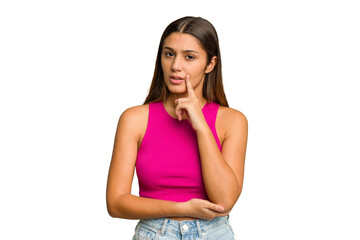 Young Indian woman isolated cutout removal background looking sideways with doubtful and skeptical expression.