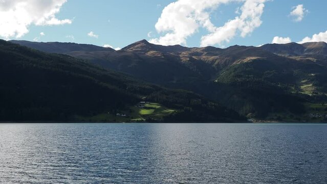 landscape of Lake Reschensee in South Tyrol