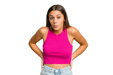 Obraz premium Young Indian woman isolated cutout removal background being shocked because of something she has seen.