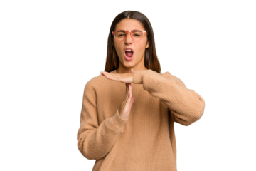 Young Indian woman isolated cutout removal background showing a timeout gesture.