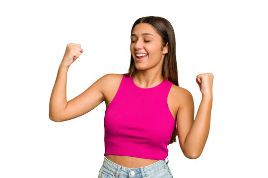 Young Indian Woman Isolated Cutout Removal Background Raising Fist After A Victory, Winner Concept.