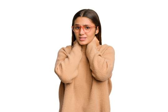 Young Indian woman isolated cutout removal background touching back of head, thinking and making a choice.