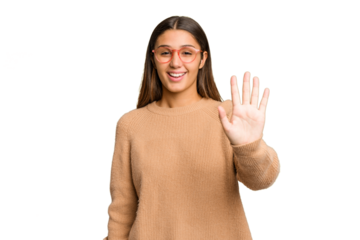 Young Indian woman isolated cutout removal background smiling cheerful showing number five with fingers.