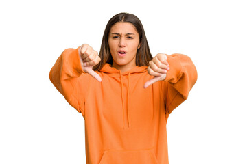 Young Indian woman isolated cutout removal background showing thumb down and expressing dislike.