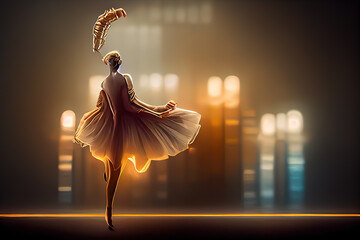 Majestic ballerina in a luminous spotlight, embodying elegance and artistry. Ideal for dance, performance, and cultural themes. Captivating ethereal ambiance.., generative ai