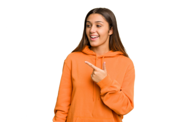 Young Indian woman isolated cutout removal background looks aside smiling, cheerful and pleasant.