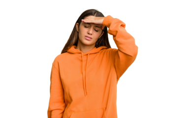 Young Indian woman isolated cutout removal background touching temples and having headache.