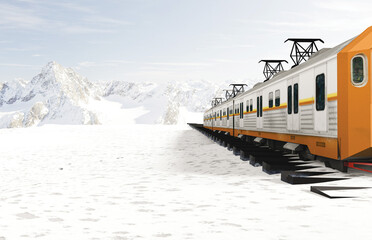 Diesel train (eastern express) in motion on snow covered railway platform over snowy landscape. Transportation. 3d illustration.