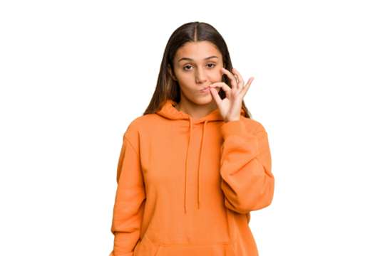 Young Indian woman isolated cutout removal background with fingers on lips keeping a secret.