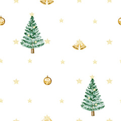 Naklejka na ściany i meble Watercolor seamless pattern with christmas tree, stars, gold bells and balls. Isolated on white background. Hand drawn clipart. Perfect for card, textile, tags, invitation, printing, wrapping.