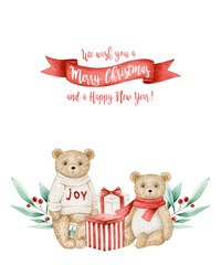 Watercolor illustration christmas card with bears, gift boxes, berries leaves. Isolated on white background. Hand drawn clipart. Perfect for card, postcard, tags, invitation, printing, wrapping.