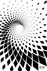 Abstract Black and White Geometric Pattern with Squares. Spiral-like Spotted Tunnel. Contrasty Halftone Optical Psychedelic Illusion. Vector. 3D Illustration