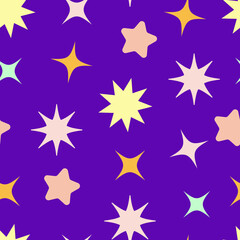 Seamless children's pattern on a purple background. Stars of various shapes.