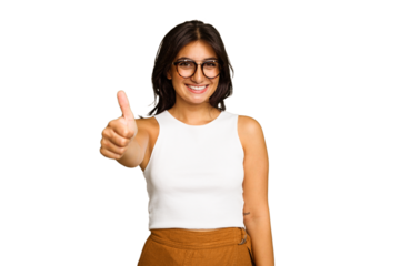 Young Indian woman isolated on green chroma background smiling and raising thumb up