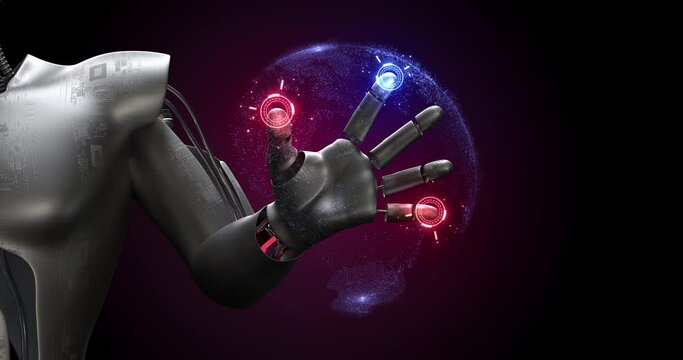 Futuristic ai robot moving his fingers controlling data on earth. Futuristic technology related 3d concept animation.