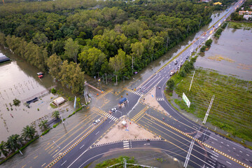 flooding the road until the car can't go., Meng District, Ubon Ratchathani Province, Thailand, on...