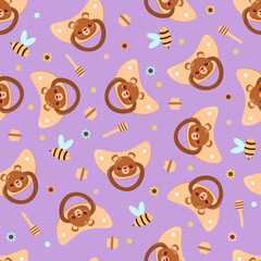 Seamless children's pattern on a purple background. A dummy with a bear. Pacifier for children