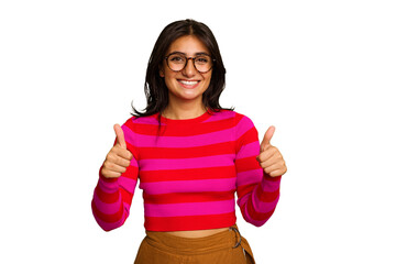 Young Indian woman isolated on green chroma background smiling and raising thumb up