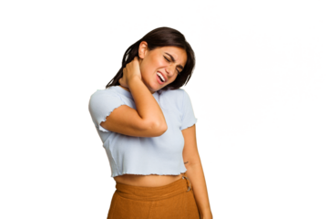 Young Indian woman isolated on green chroma background suffering neck pain due to sedentary lifestyle.