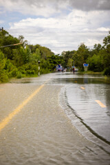 flooding the road until the car can't go., Meng District, Ubon Ratchathani Province, Thailand, on...