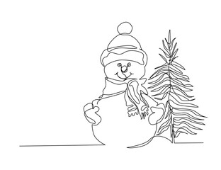 Continuous one line drawing of snowman and crhismas tree. Winter snowman wearing scarf and hat line art drawing vector illustration.