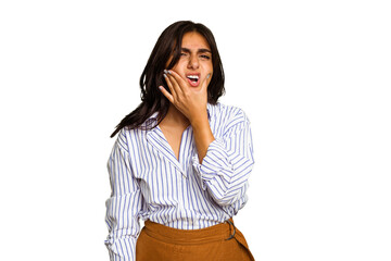 Young Indian woman isolated on green chroma background having a strong teeth pain, molar ache.