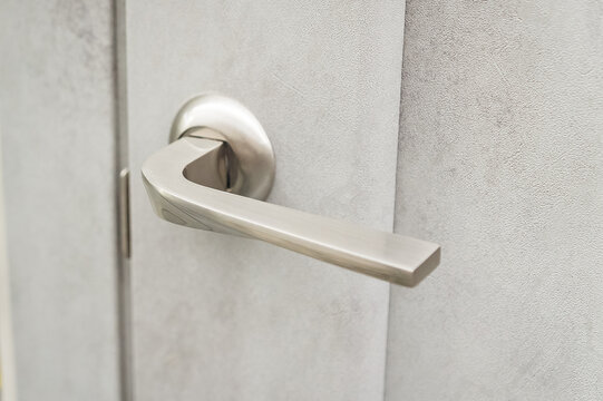The silver handle on the gray door. Interior door with leather coating with metal handle