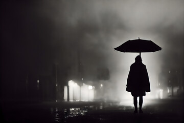 Hooded man with umbrella walking in futuristic city. Rainy cityscape. Cyberpunk, neon buildings....