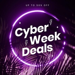 Composition of cyber week deals text over leaves on black background