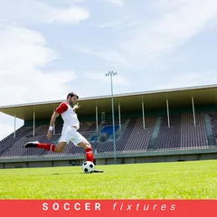 Fotobehang Composition of soccer fixtures text with caucasian football player with football on pitch © vectorfusionart