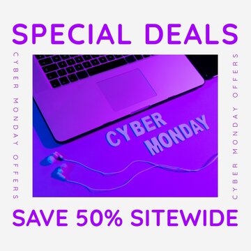 Composition of special deals text over cyber monday text with laptop on purple background