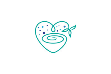 Healthy herbal tea logo, with heart shape concept combined with cup, tea leaves and bubbles