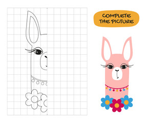 Copy the symmetrical drawing of a cute llama in cages. Drawing task for children on a grid, educational vector illustration. The page of the coloring book.