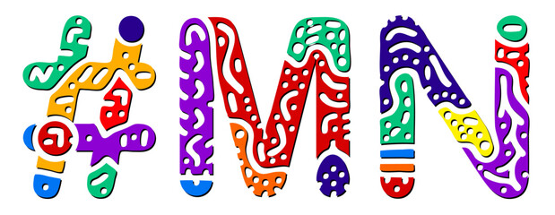 MN Hashtag. Multicolored bright isolate curves doodle letters. Hashtag #MN is abbreviation for the US American state Minnesota for social network, web resources, mobile apps.