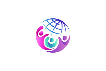 world or globe logo with people community or family, teamwork icon, world peace, charity care
