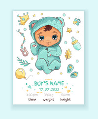 Baby birth card for newborn boy with name, height, weight, date of birth. Cute hand drawn children. Vector Illustration, poster for kids with newborn metric for children bedroom
