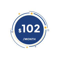 102 dollar price tag. Price $102 USD dollar only Sticker sale promotion Design. shop now button for Business or shopping promotion
