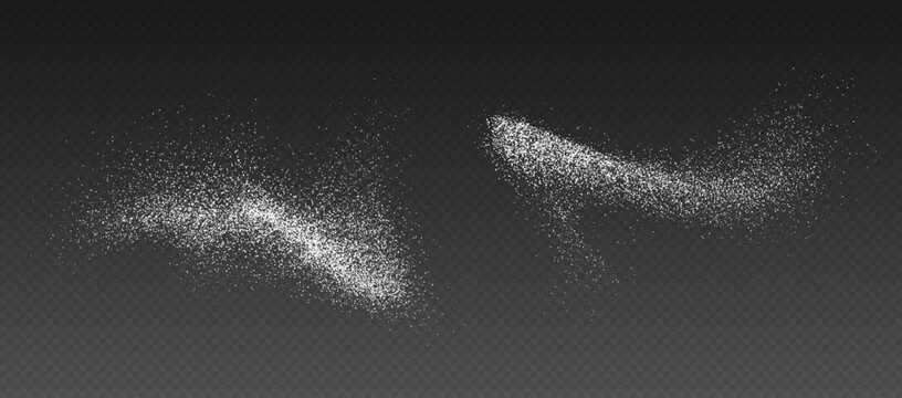 Sugar powder splash, flying salt, baking flour top view. White powder isolated on a transparent background. Vector illustration.