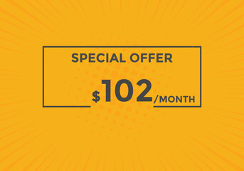 $102 USD Dollar Month sale promotion Banner. Special offer, 102 dollar month price tag, shop now button. Business or shopping promotion marketing concept
