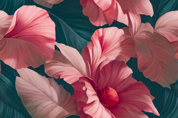 Nahtloses Dschungel-Blumenmuster. Dschungelblumen und -blätter. Nahtloser Aquarellhintergrund für Wrapper, Stoffe, Tapeten, Postkarten, Grußkarten, Hochzeitseinladungen, Banner, 3D-Rendering © Viks_jin