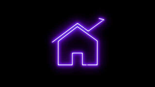  Animation of Neon Home Icon with Growth Arrow Graph isolated In Dark Background. Increasing house value and growing Real Estate Business Creative Concept Idea