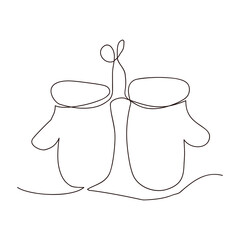Continuous one line of christmas mittens gloves in silhouette. Minimal style.
